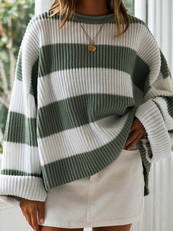 Contrast Color Striped Long Sleeves Loose Round-Neck Sweater Tops Pullovers