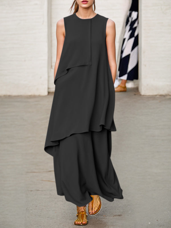 Asymmetric Hollow Pockets Solid Color Split-Joint A-line Loose Round-neck Maxi Dresses