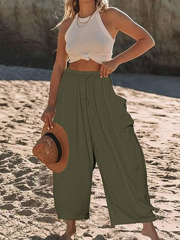Drawstring Elasticity Pleated Pockets Solid Color High Waisted Loose Trousers Ninth Pants