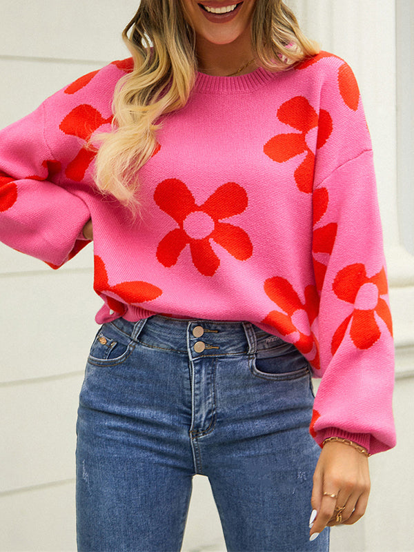Knitted Flower Long Sleeves Loose Round-Neck Sweater Tops Pullovers Knitwear