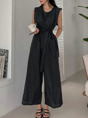 Pockets Solid Color Tied Waist High Waisted Loose Round-Neck Jumpsuits
