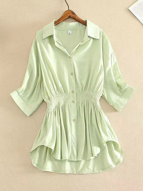 Buttoned Pleated Solid Color High-Low Loose Lapel Blouses&Shirts Tops