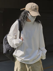 Casual Long Sleeves Loose Solid Color Round-Neck T-Shirts Tops