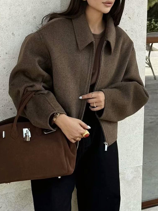 Solid Color Split-Joint Zipper Long Sleeves Loose Lapel Woolen Coat Outerwear