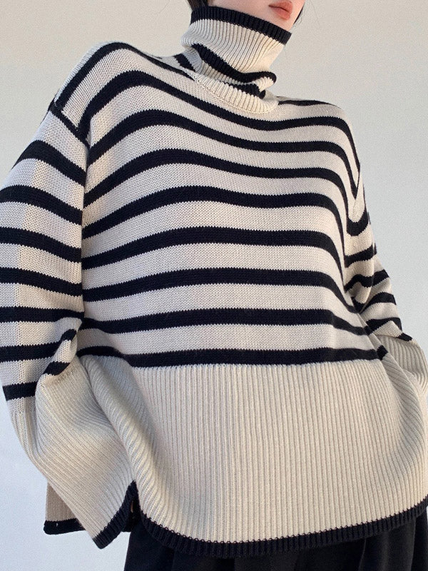 Contrast Color Pleated Split-Joint Split-Side Striped Patterns Long Sleeves Loose High Neck Sweater Tops
