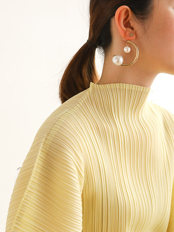 Original Creation Loose Long Sleeves Pleated Solid Color High-Neck Midi Dresses