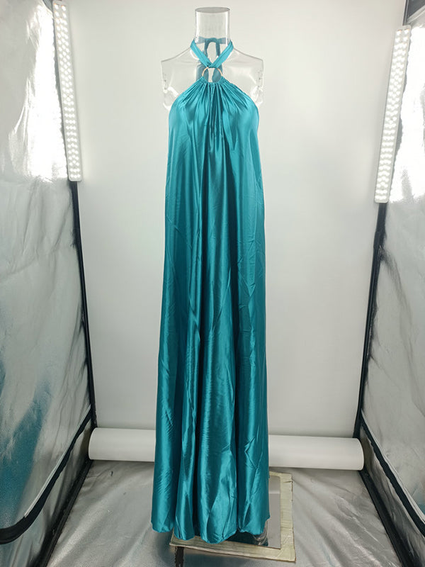 Backless Solid Color Tied A-Line Loose Halter-Neck Maxi Dresses