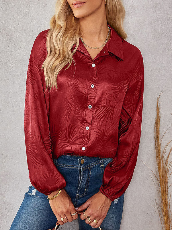 Jacquard Split-Joint Loose Puff Sleeves Lapel Blouses