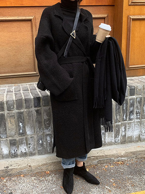 Pockets Solid Color Tied Waist Long Sleeves Loose Notched Collar Cardigan Coats