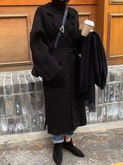 Pockets Solid Color Tied Waist Long Sleeves Loose Notched Collar Cardigan Coats