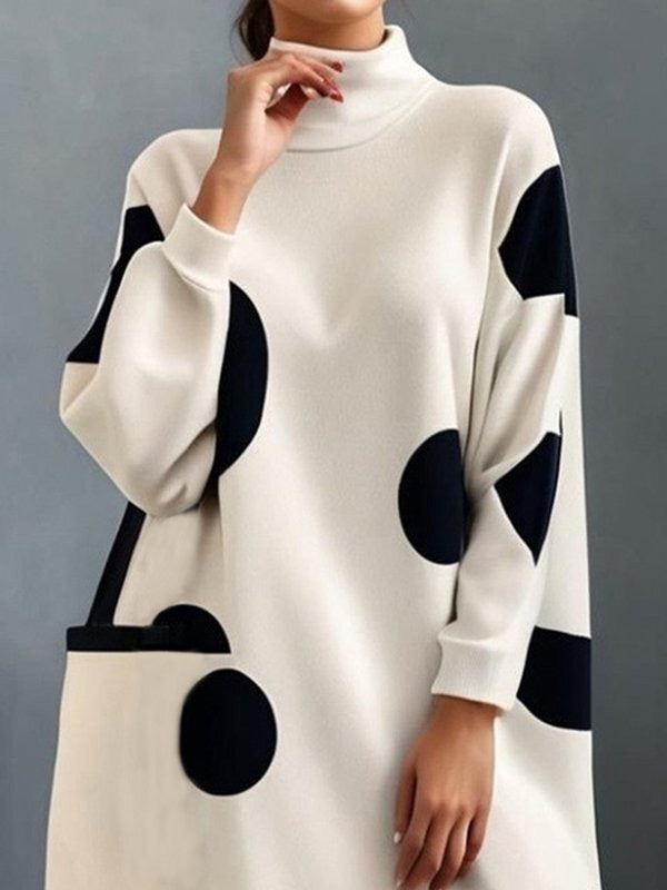 Pockets Polka-Dot Long Sleeves Loose Mock Neck Midi Dresses