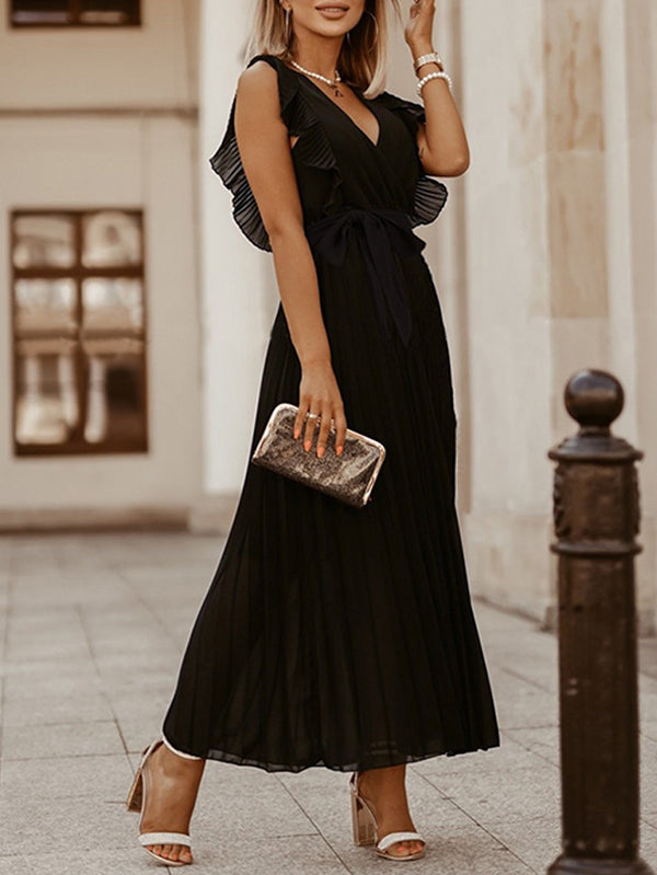 Floral Pleated Solid Color Split-Joint Tied Waist Loose Sleeveless V-Neck Maxi Dresses
