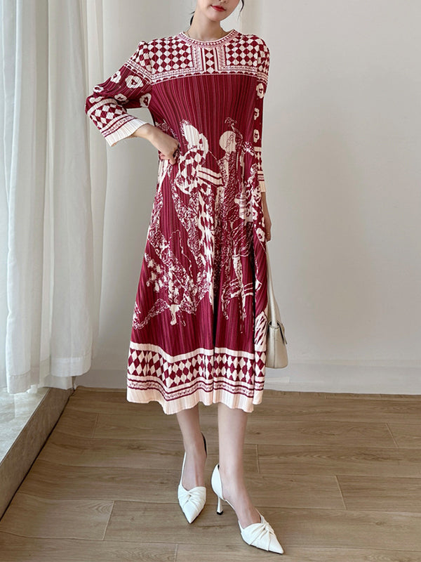 Pleated Printed A-Line Loose Round-Neck Midi Dresses