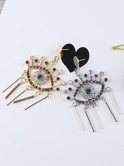 Eye Shape Rhine Stones Tasseled Drop Earrings