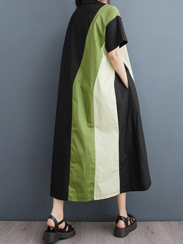 Multi-Colored Loose Short Sleeves Polo Midi Dresses