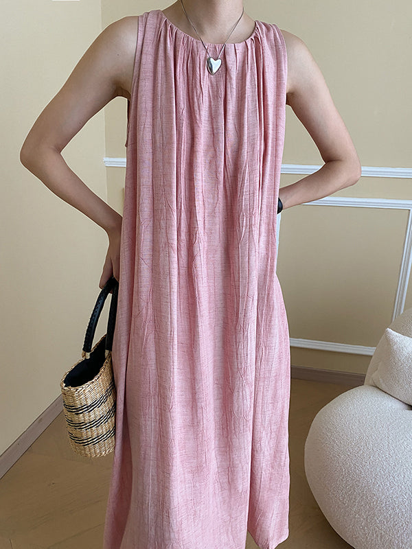 Pleated Solid Color A-Line Loose Round-Neck Midi Dresses