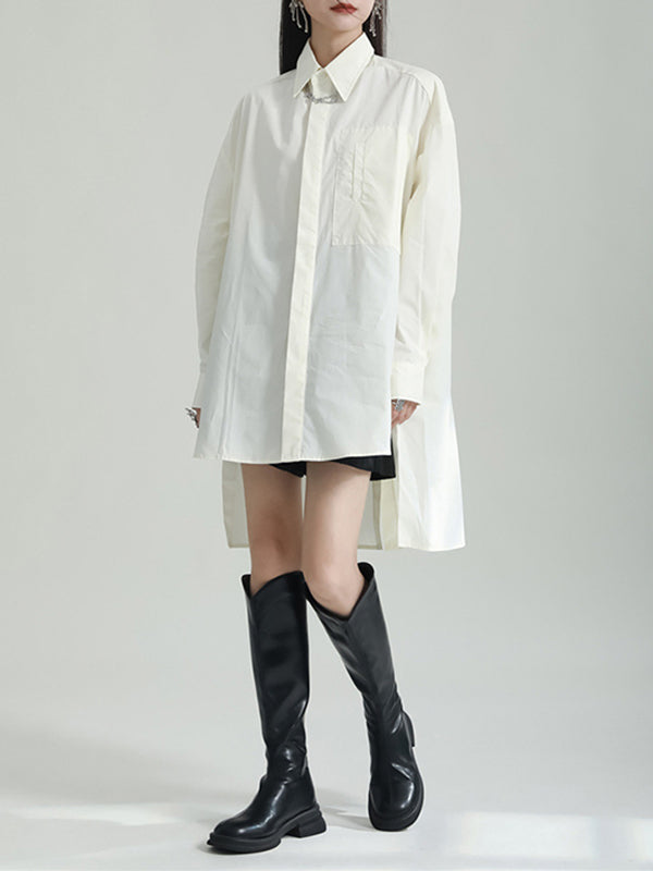 Solid Color Split-side High-low Irregular clipping Lapel Shirts Tops