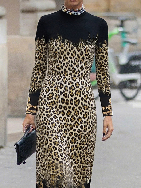 High Waisted Long Sleeves Contrast Color Leopard Printed Split-Joint Round-Neck Maxi Dresses