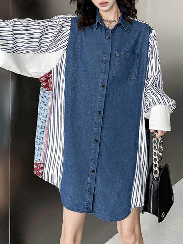 Buttoned Contrast Color Pockets Split-Joint Striped Long Sleeves Loose Lapel Blouses&Shirts Tops