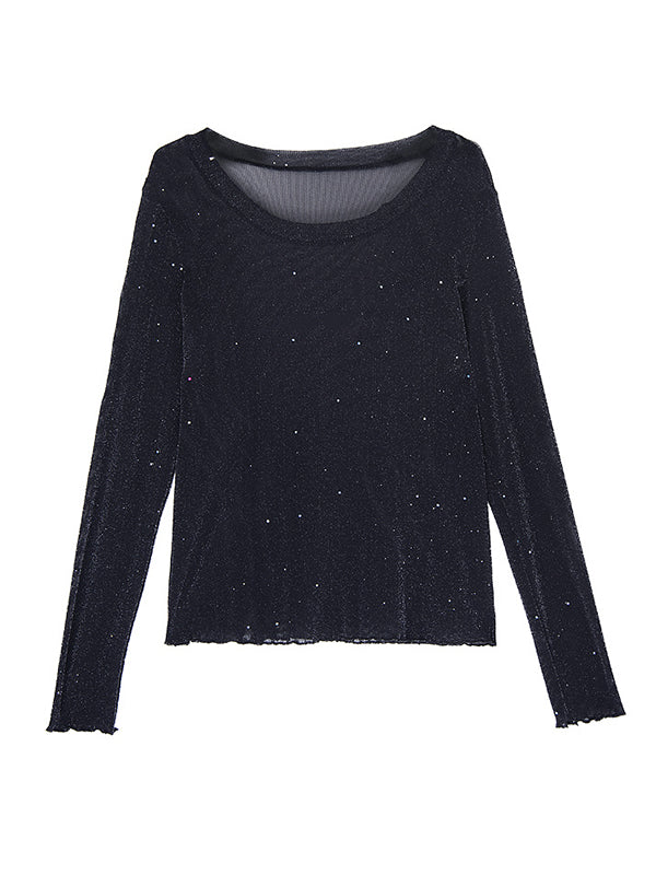 See-Through Shiny Long Sleeves Loose Round-Neck T-Shirts Tops