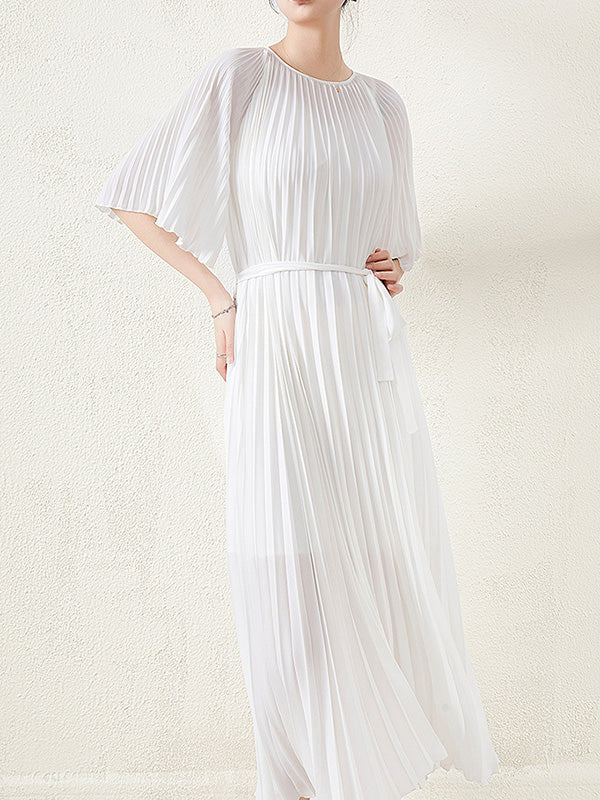 Loose Pleated With Waistband Solid Color Round-Neck Maxi Dresses