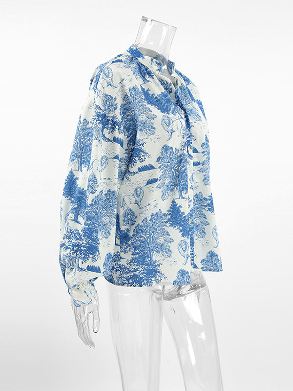 Floral Printed Pleated Split-Joint Loose Puff Sleeves Stand Collar Blouses&Shirts Tops