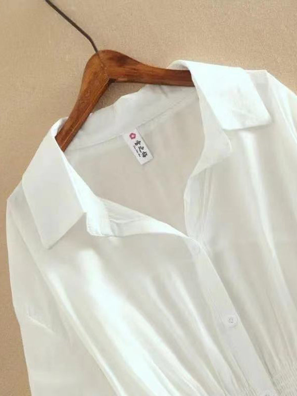 Buttoned Pleated Solid Color High-Low Loose Lapel Blouses&Shirts Tops