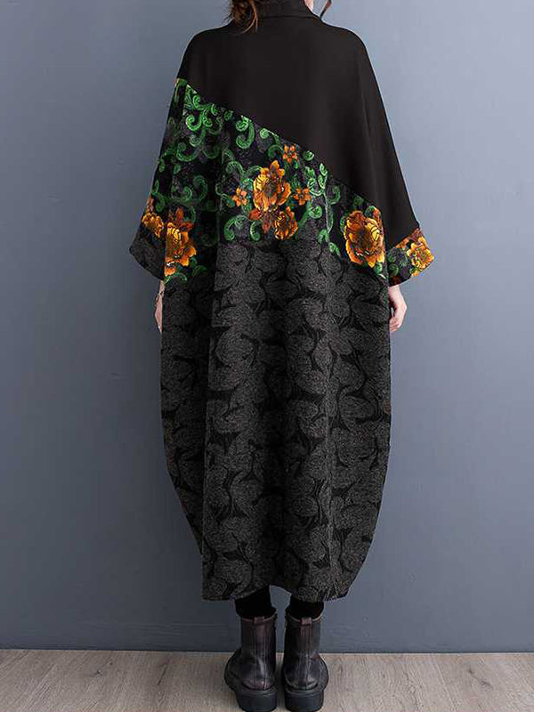 Buttoned Drawstring Flower Print Split-Joint Long Sleeves Loose Collarless Trench Coats