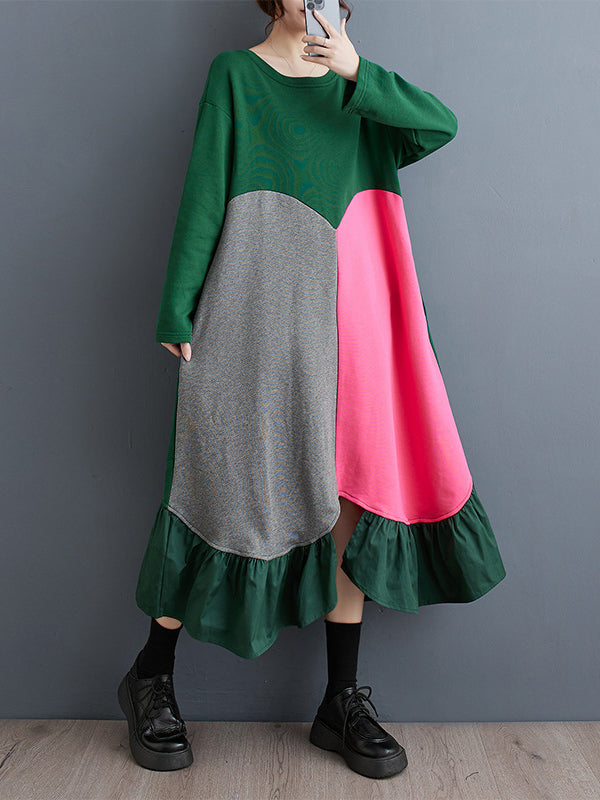Contrast Color Pleated Split-front Split-Joint A-line Long Sleeves Round-neck Midi Dresses
