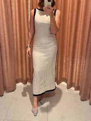 Contrast Color Split-Back Loose Sleeveless Round-Neck Maxi Dresses