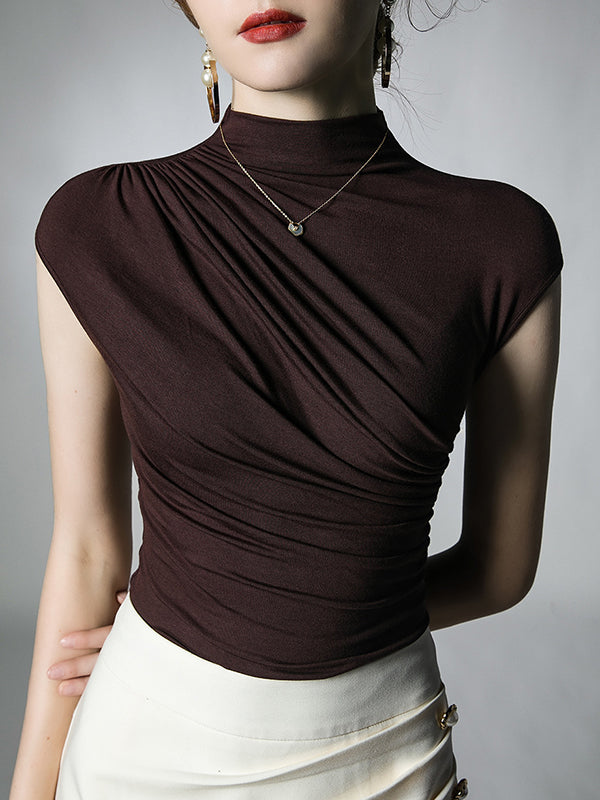 Pleated Solid Color Skinny Mock Neck T-Shirts Tops