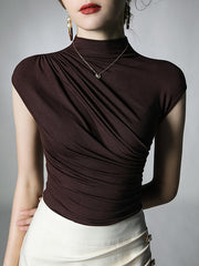Pleated Solid Color Skinny Mock Neck T-Shirts Tops