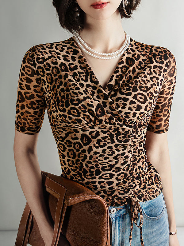Leopard Pleated Half Sleeves Skinny V-Neck T-Shirts Tops