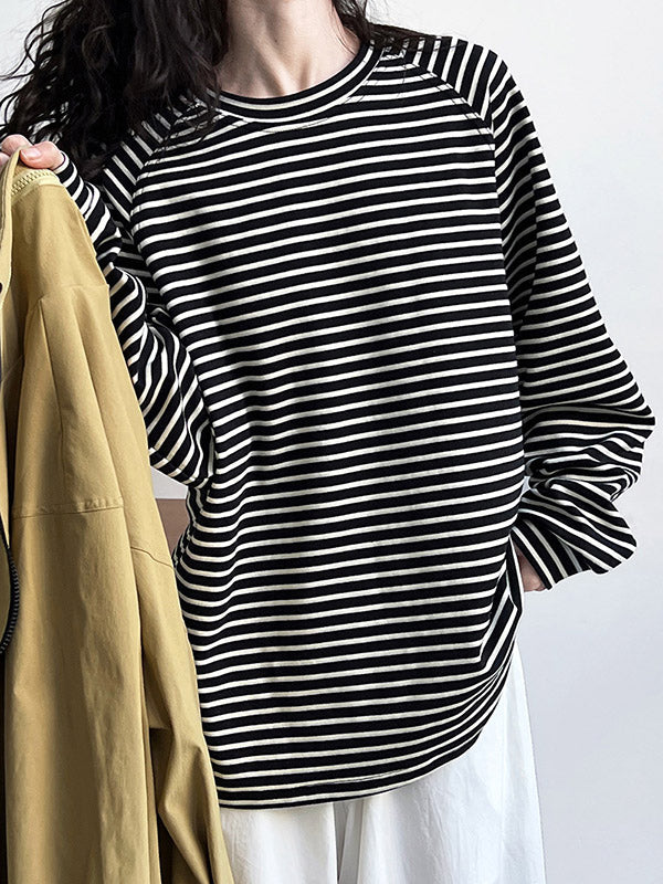 Contrast Color Striped Long Sleeves Loose Round-neck Sweatshirt Tops