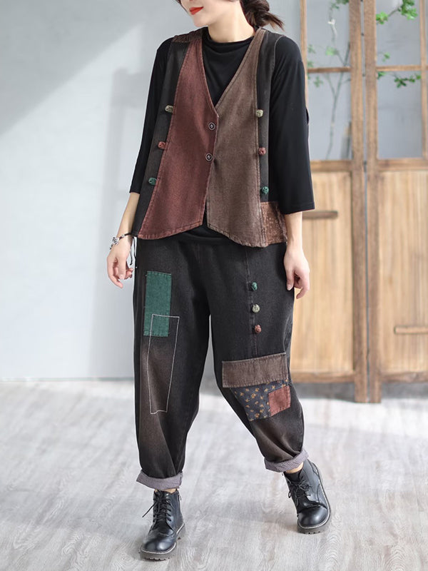 Loose Split-Joint V-Neck Vest Top + Jean Harem Pants Bottoms  Two Pieces Set