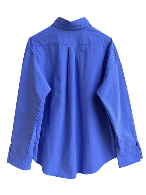Simple Loose Long Sleeves Buttoned Solid Color Lapel Collar Blouses&Shirts Tops