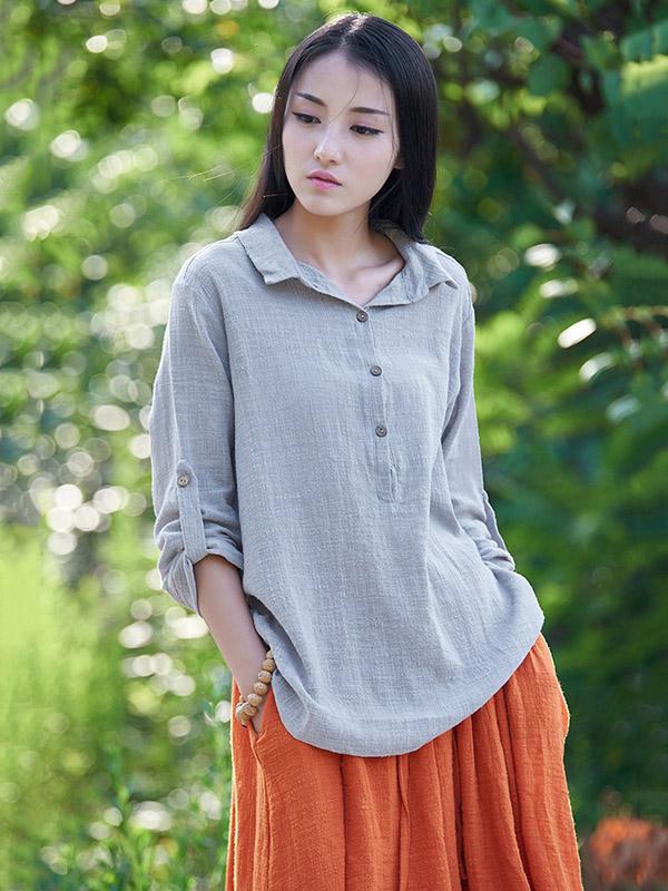 White&Gray&Beige Lapel Ramie Cotton T-shirt