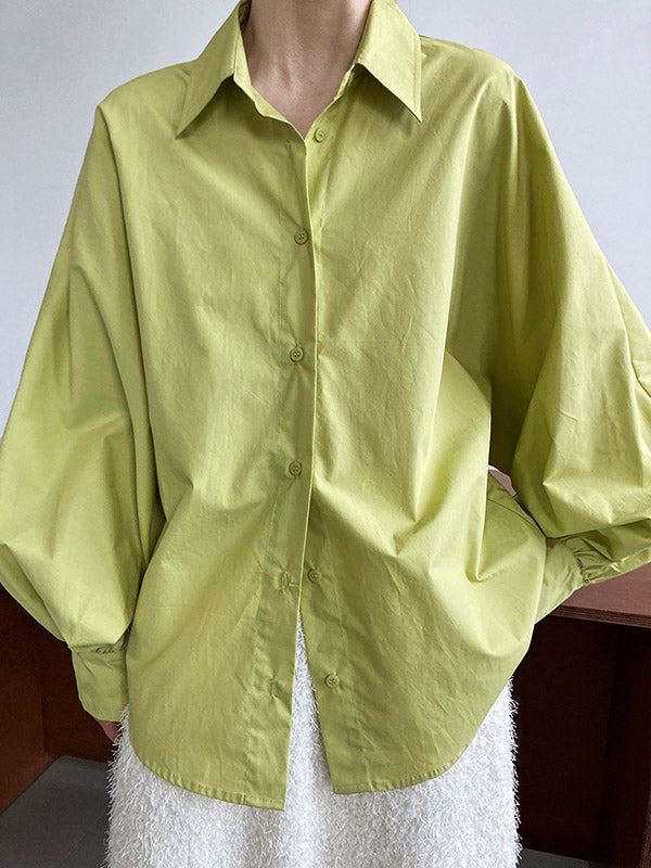 Buttoned Pleated Solid Color Long Sleeves Loose Lapel Blouses&Shirts Tops