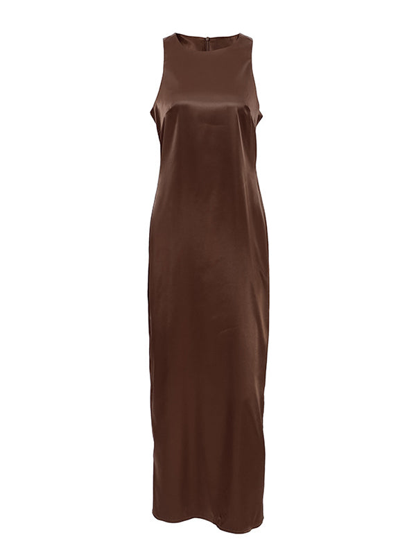 Solid Color Split-back Split-Joint Loose Sleeveless Round-neck Maxi Dresses