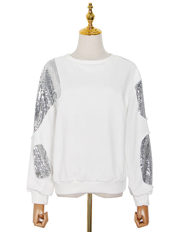 Asymmetric Sequined Long Sleeves Loose Round-Neck Sweatshirt Tops