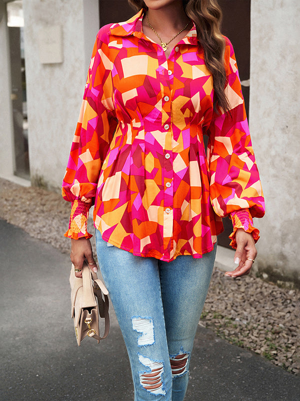 Buttoned Elasticity Pleated Printed Bishop Sleeve Long Sleeves Lapel Blouses&Shirts Tops