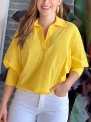 Solid Color Loose Puff Sleeves Lapel Blouses&Shirts Tops