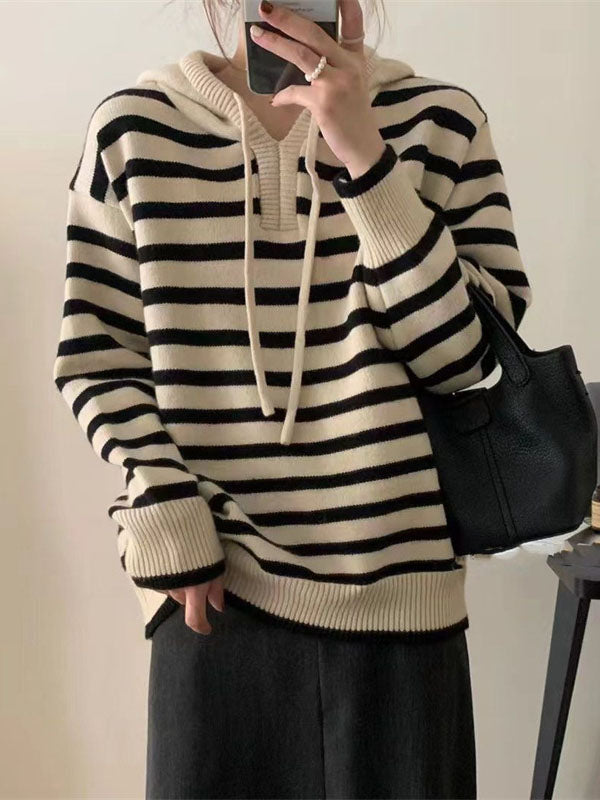 Contrast Color Drawstring Velvet Hooded Long Sleeves V-Neck Sweater Tops Pullovers