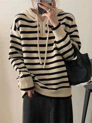 Contrast Color Drawstring Velvet Hooded Long Sleeves V-Neck Sweater Tops Pullovers
