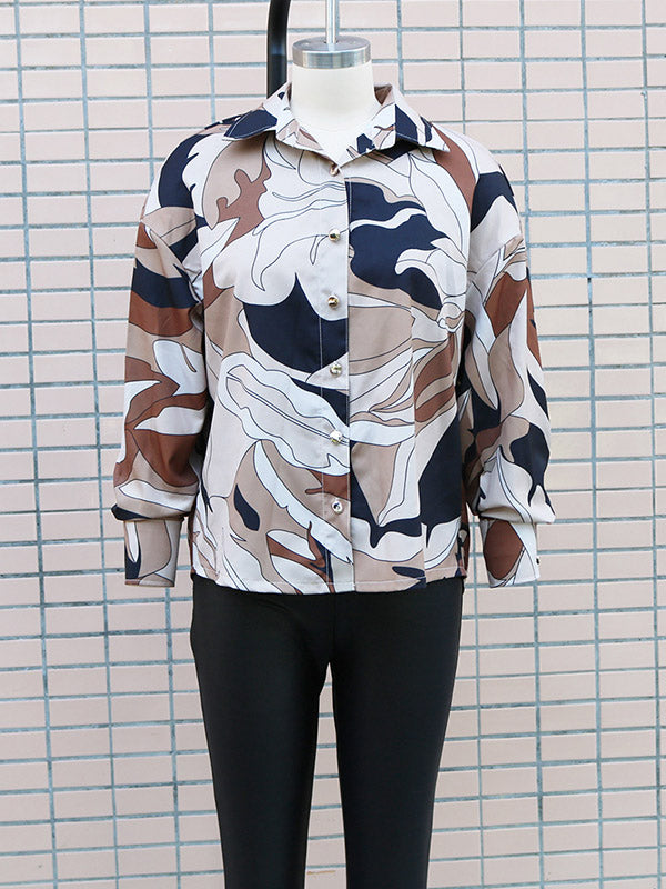 Buttoned Printed Long Sleeves Loose Lapel Blouses&Shirts Tops