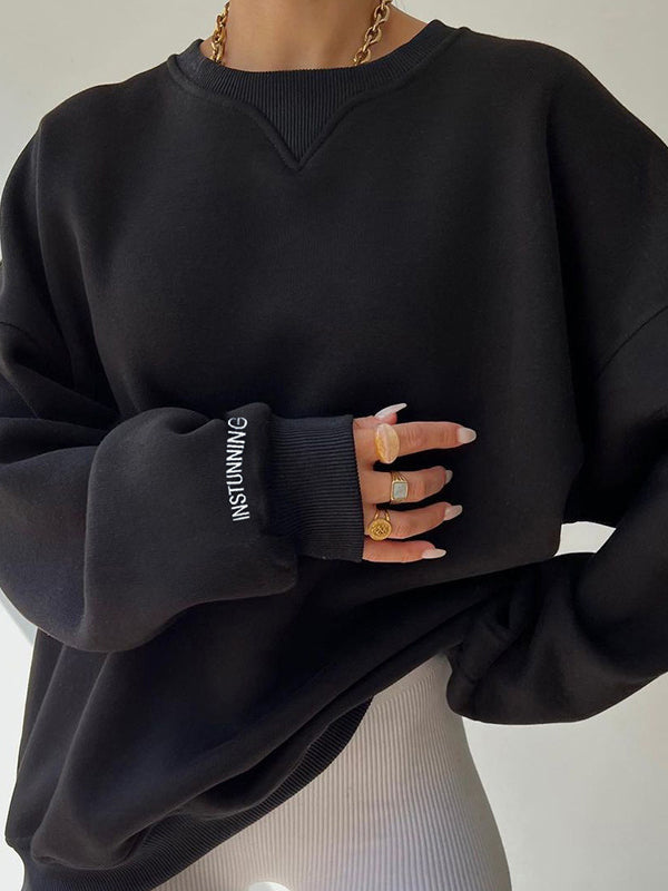 Letter Print Split-Joint Long Sleeves Loose Round-Neck Sweatershirt