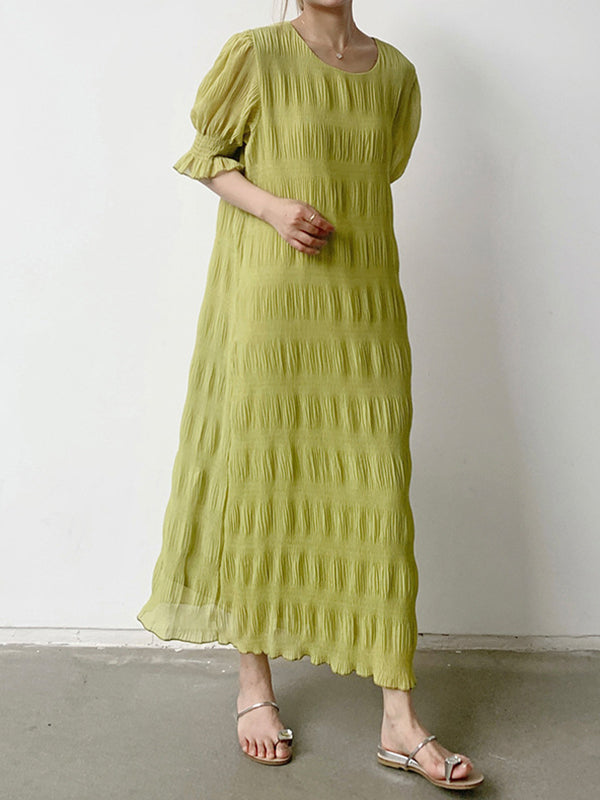 Pleated Solid Color Flared Sleeves Half Sleeves Round-Neck Midi Dresses