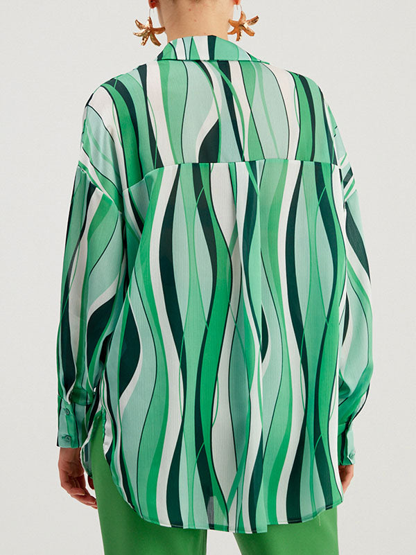 Contrast Color Striped Long Sleeves Loose Lapel Blouses
