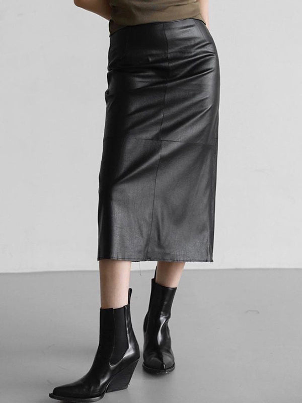 Solid Color Split-Back Split-Joint Skinny PU Skirts
