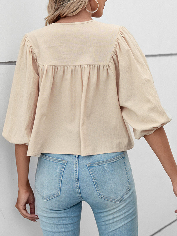 Elasticity Pleated Solid Color Split-Joint Tied Half Sleeves Loose Round-Neck T-Shirts Tops
